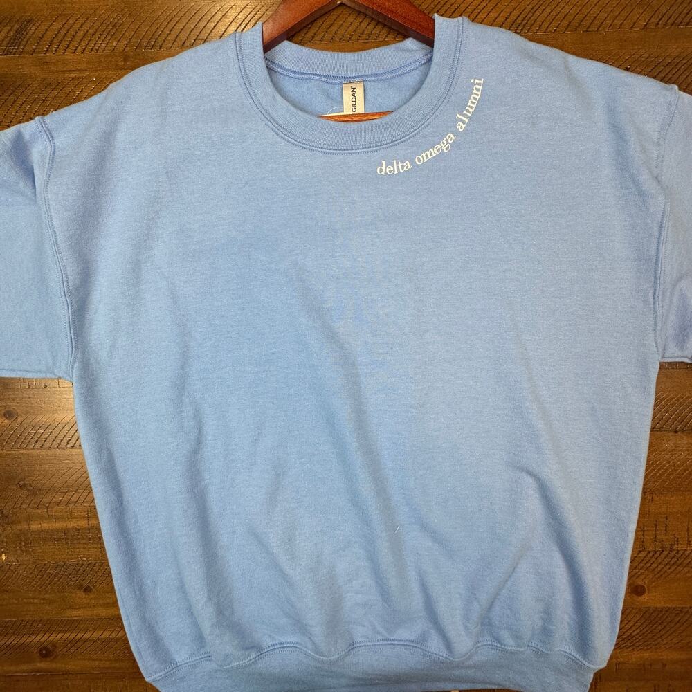 Delta Omega Crewneck Sweatshirt Pullover Light Blue Long Sleeves Size Large